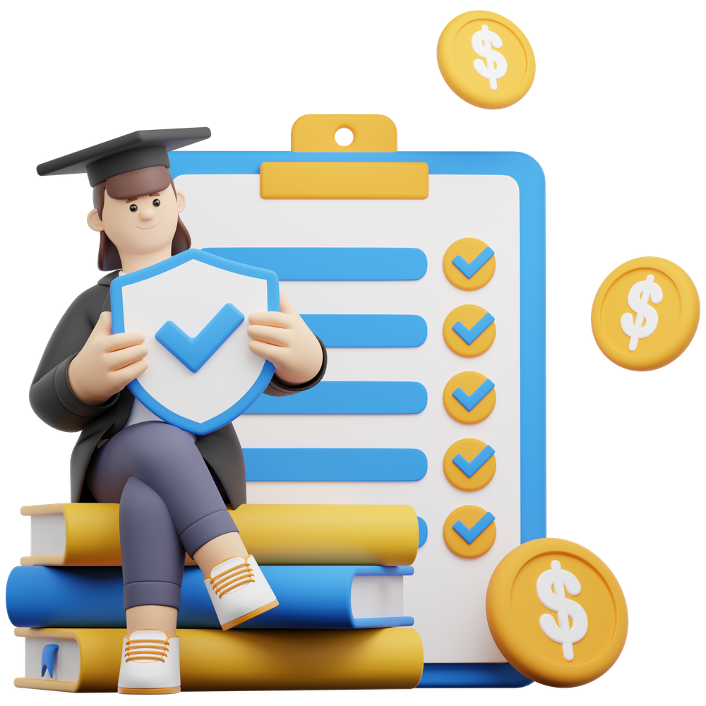 Student with graduation cap holding a shield, sitting on books with dollar signs - representing privacy-first scholarship protection