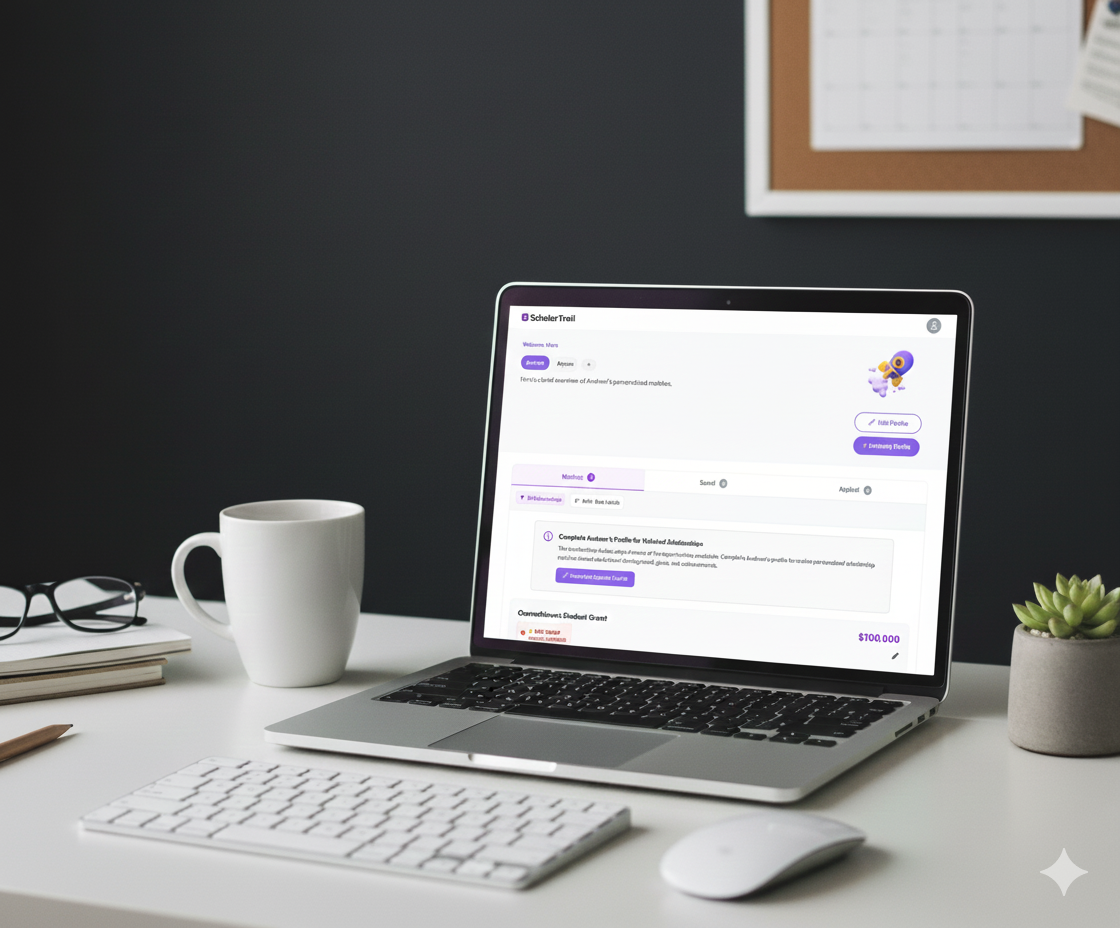 ScholarTrail Parent Account dashboard showing student scholarship progress and upcoming deadlines